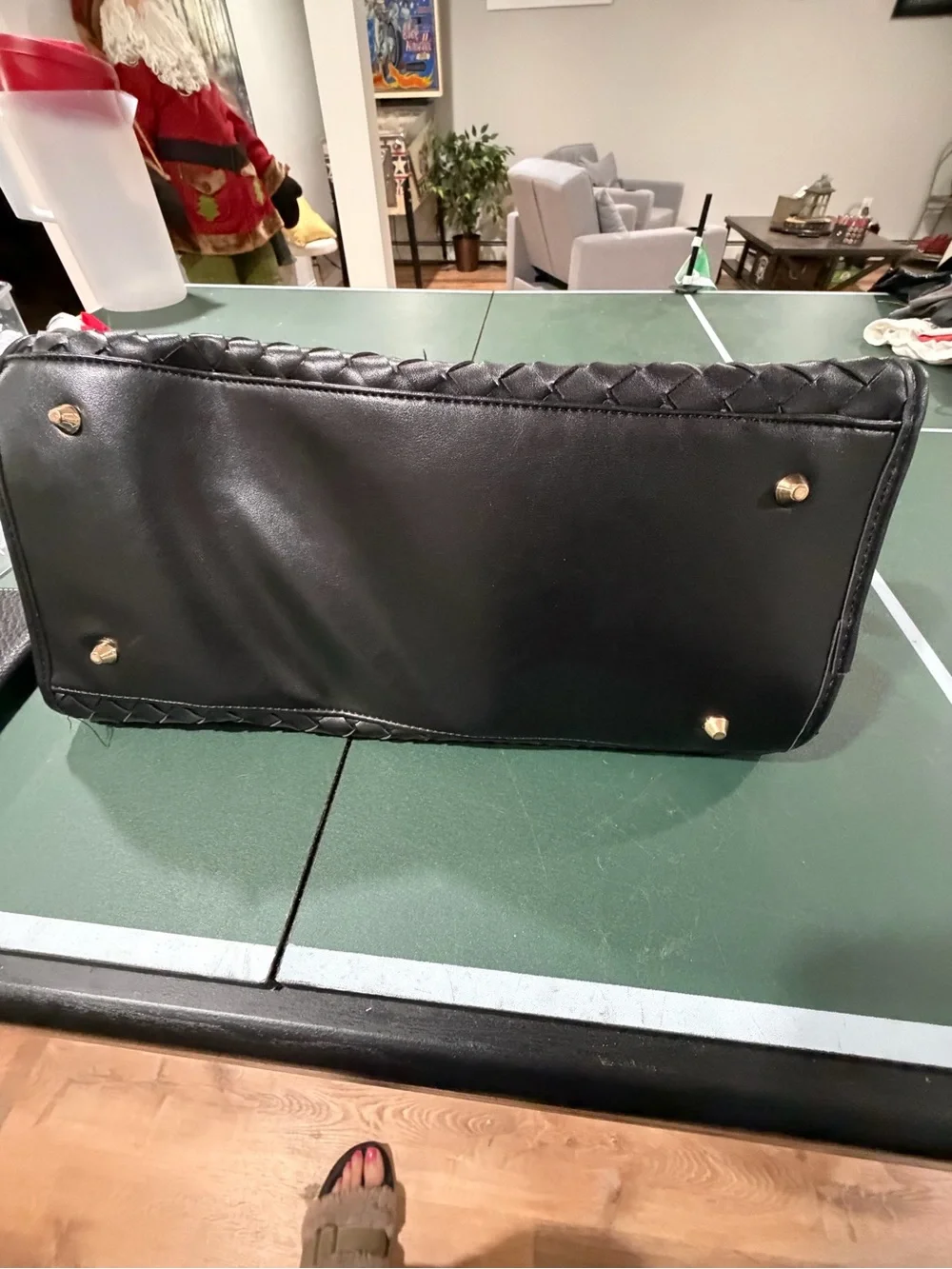 Black Woven Dome Satchel with Leopard Bow Accent